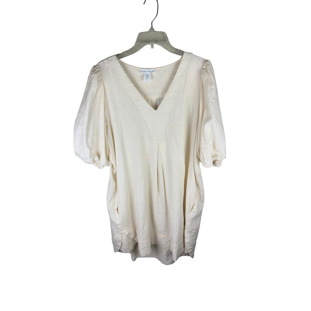 Cynthia Rowley Cream Linen Blend V-Neck Puff Sleeve Dress XL Pockets